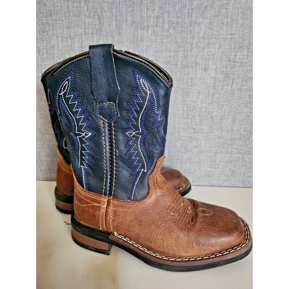 J.B. Dillon Kids 9.5 Leather Western Cowboy Boots Brown Blue Round Toe